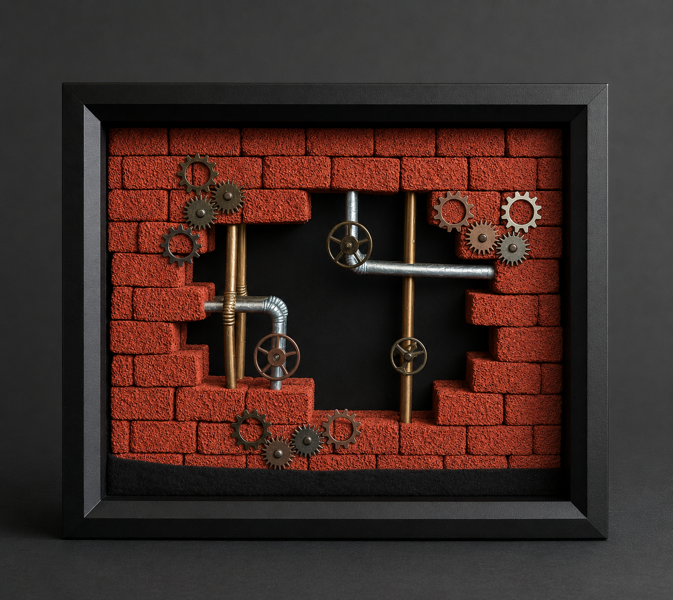 Red brick shadow box with keys and mechanical objects