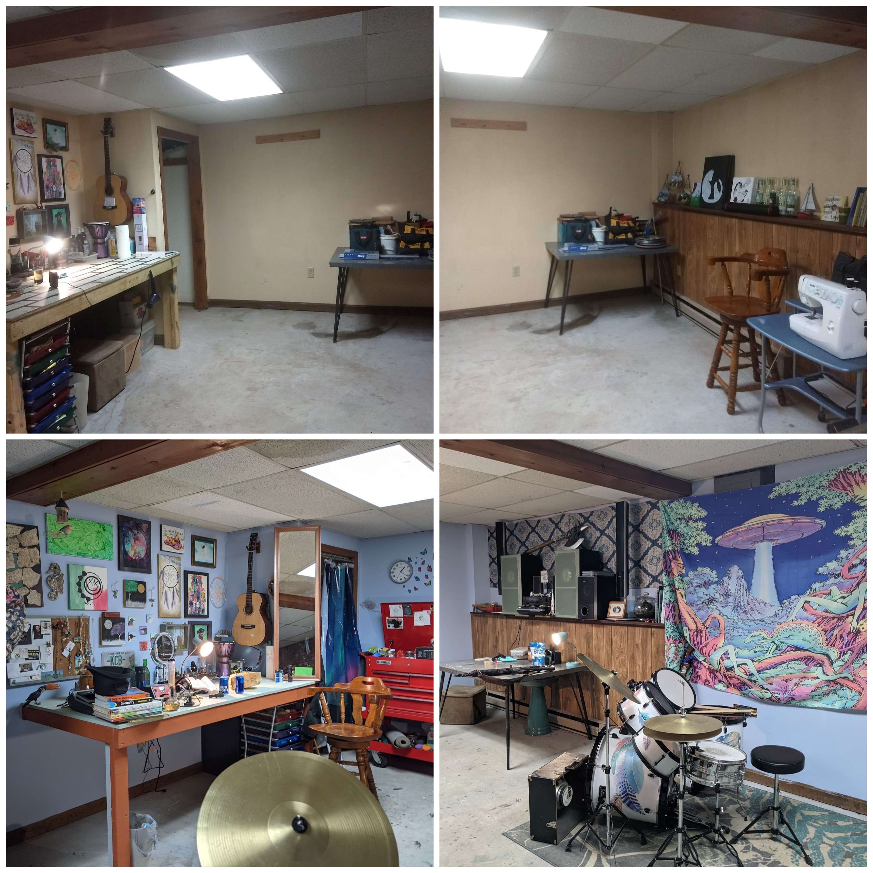 Before and after collage of a community art and music studio