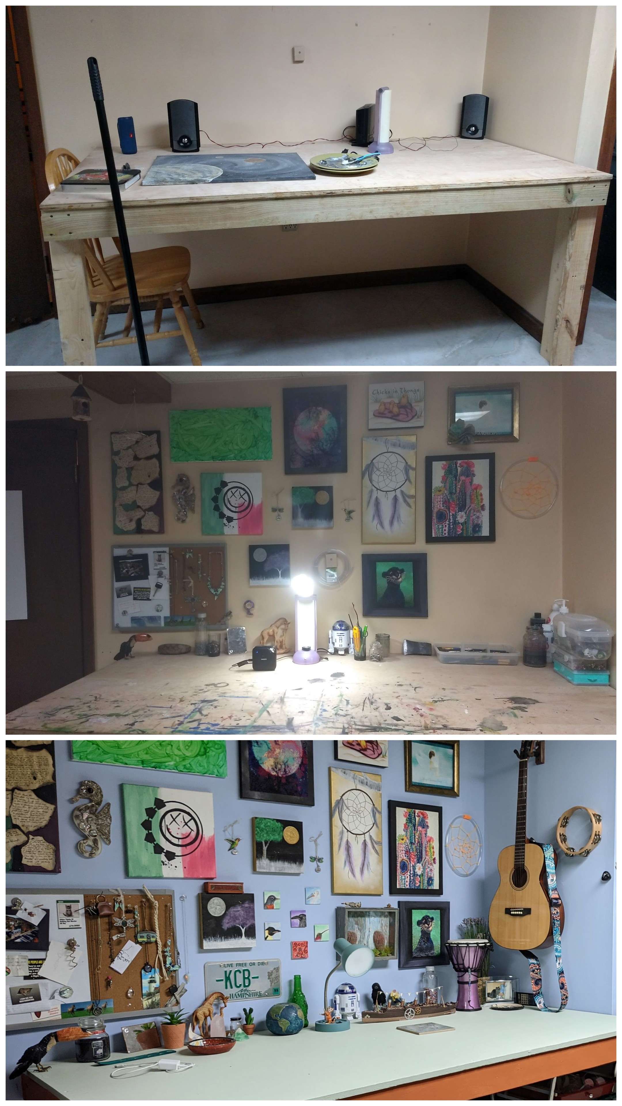Before and after collage of studio work surfaces and artwork