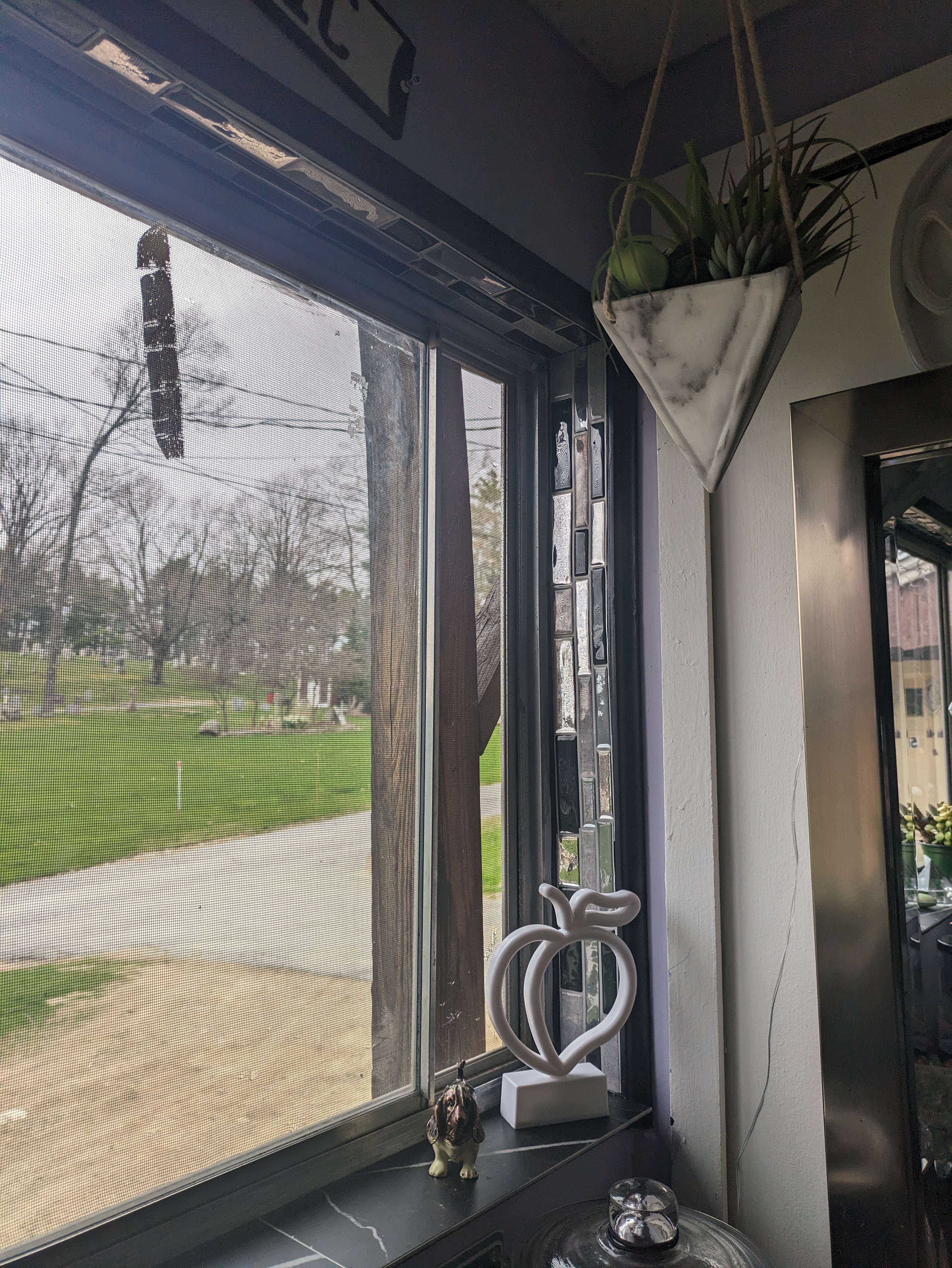 Window styled with hanging plants and reflective ornaments