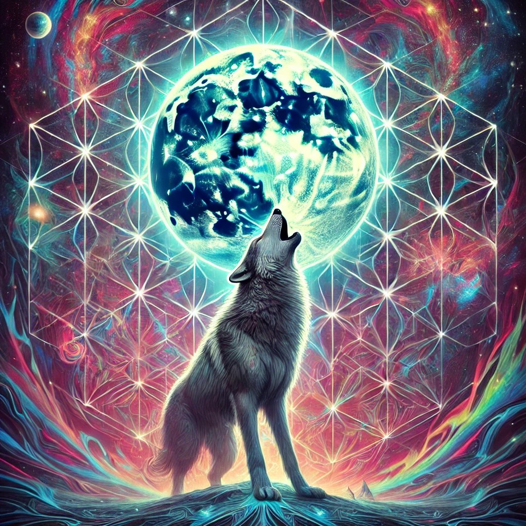 Wolf howling beneath a luminous geometric moon