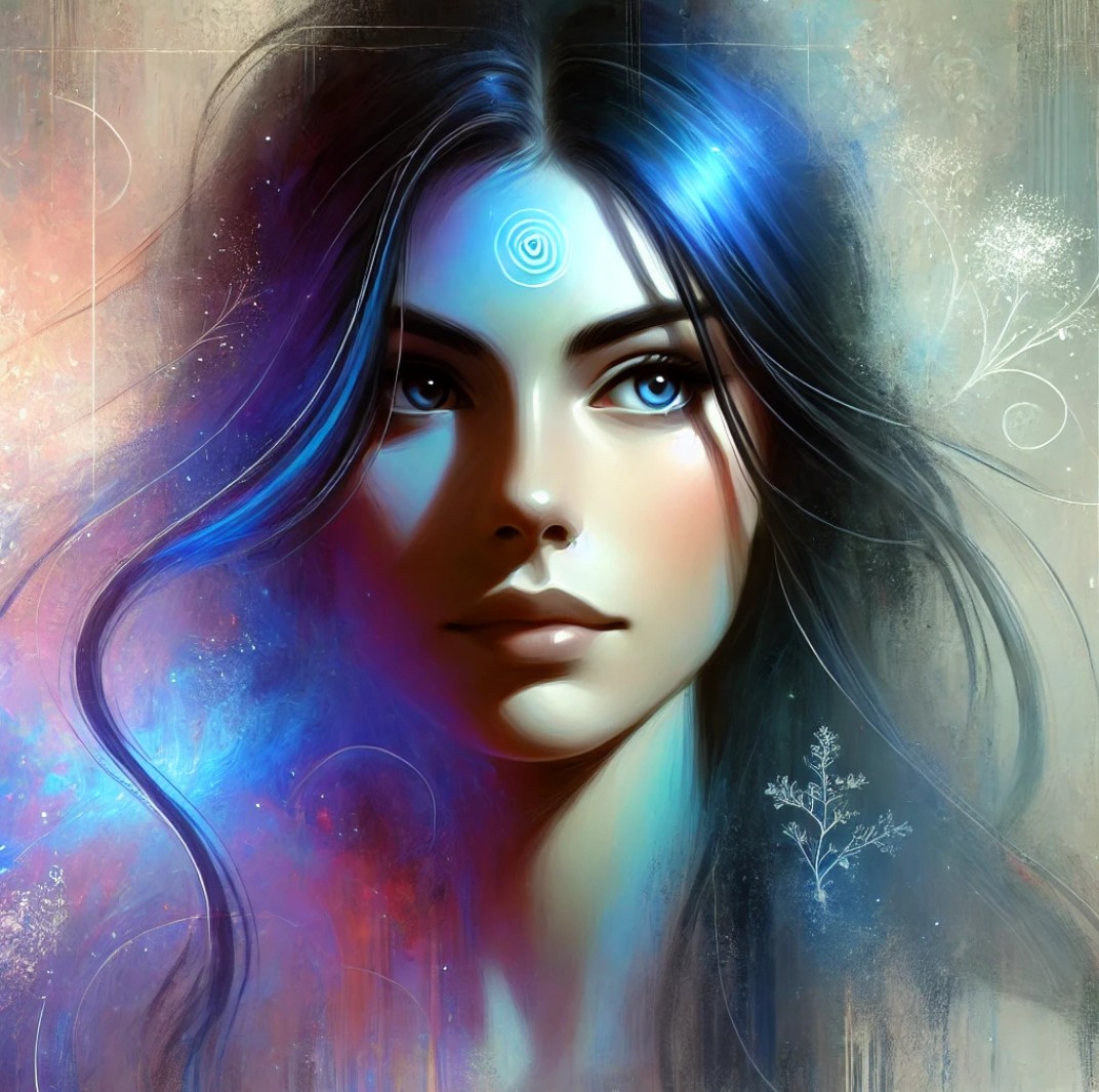 Blue-eyed woman rendered in a luminous painterly digital portrait
