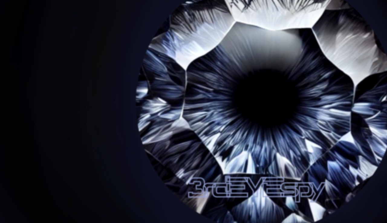 Faceted blue eye emerging from darkness