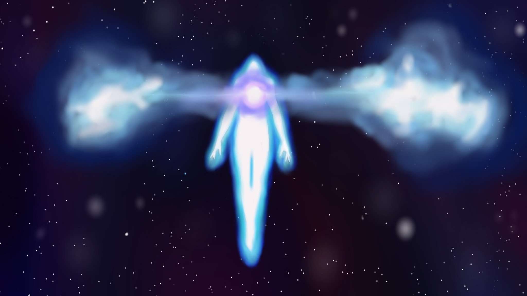 Luminous human figure floating in a cosmic energy field