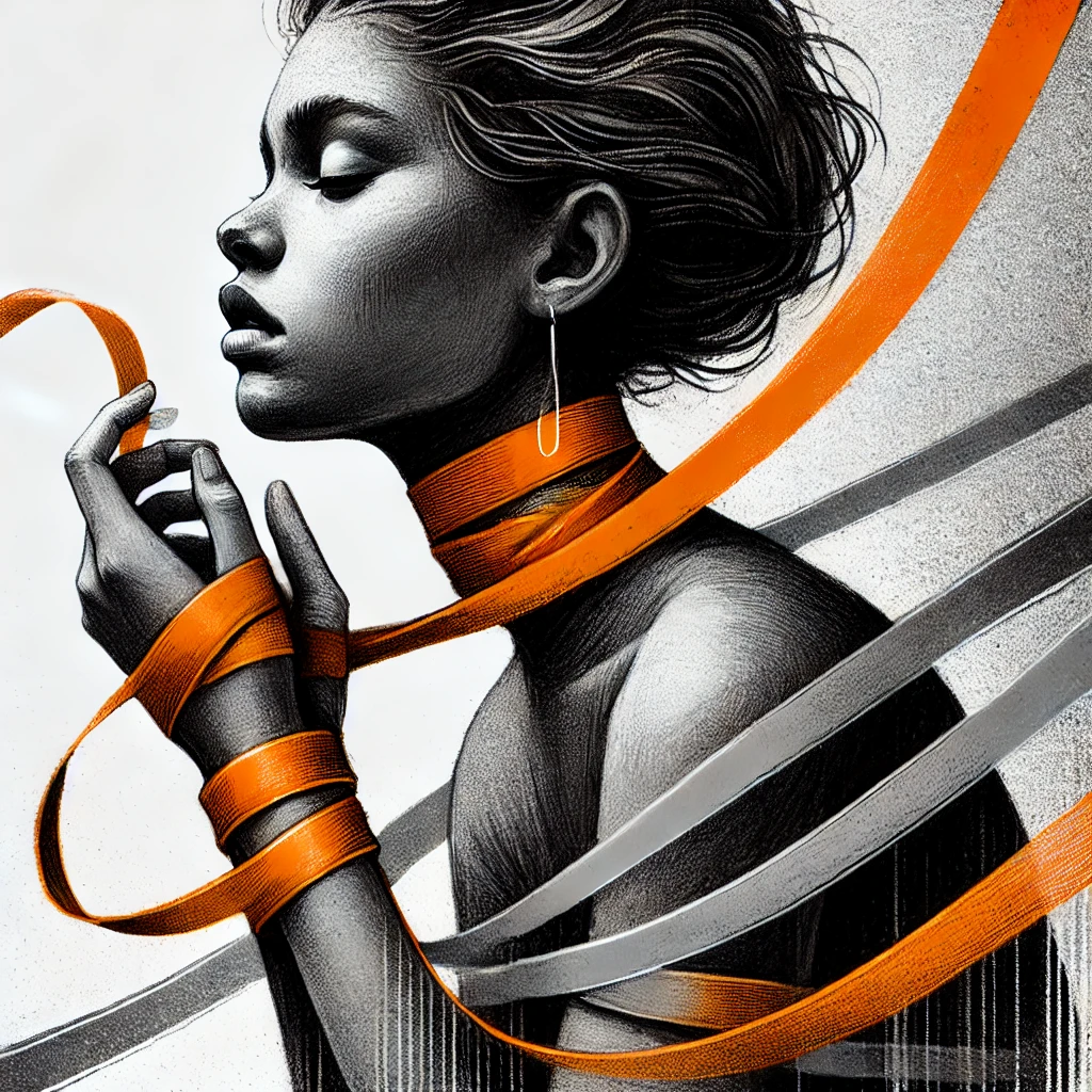 Monochrome portrait entwined with vivid orange bands