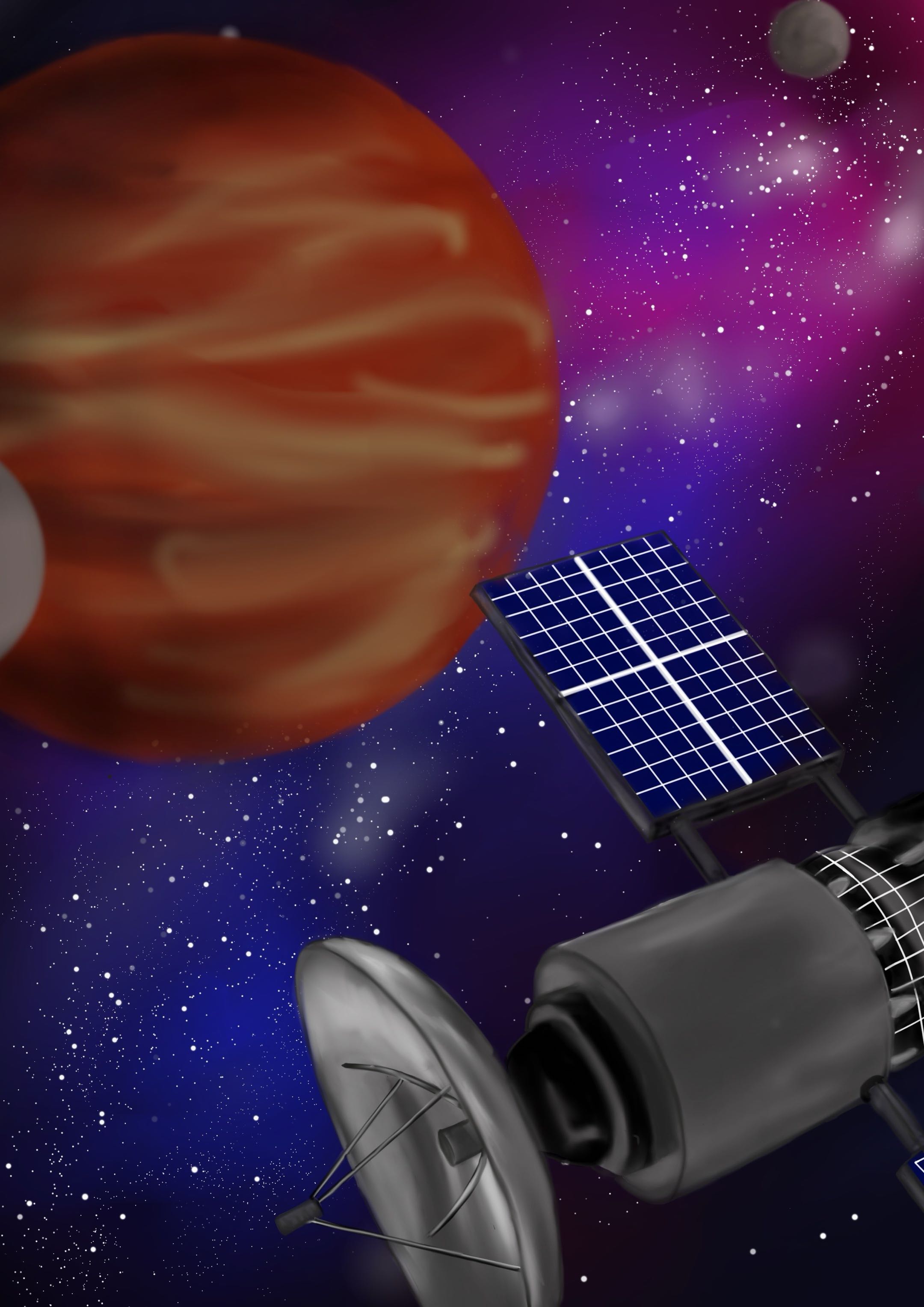 Satellite approaching a colorful planet in deep space